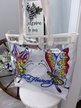 ED HARDY Clear Butterfly Tote Bag in Cream and Multicolor & wristlet NWT